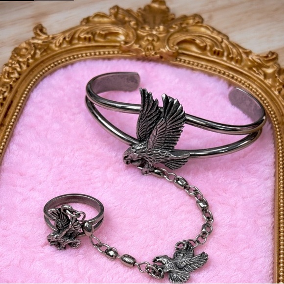 Vintage Jewelry - EJC 1992 Vintage Silver Eagle Slave Cuff Bracelet and Ring